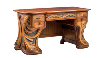 Art Nouveau oak writing desk with swirling patterns and elegant handcrafted details