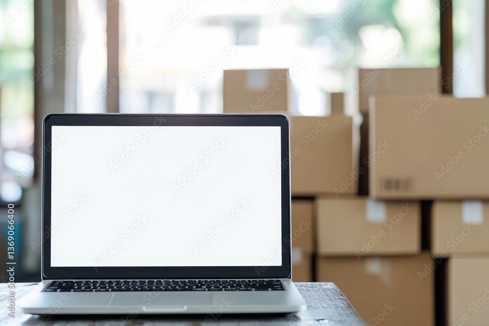 Aufkleber laptop mockup displaying a blank screen on a table with cardboard boxes in the blurred background