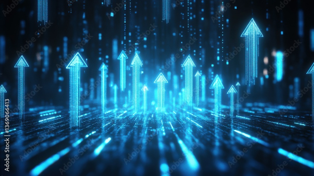 Aufkleber abstract digital background with glowing blue arrows pointing upwards in a shimmering environment : 