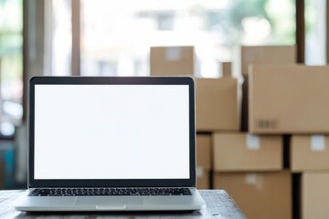 Laptop mockup displaying a blank screen on a table with cardboard boxes in the blurred background