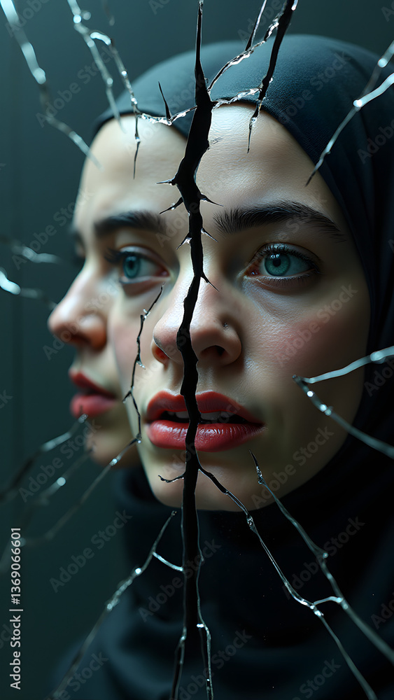Poster a biometric mirror fractures along facial recognition points, each shard displaying a different deep