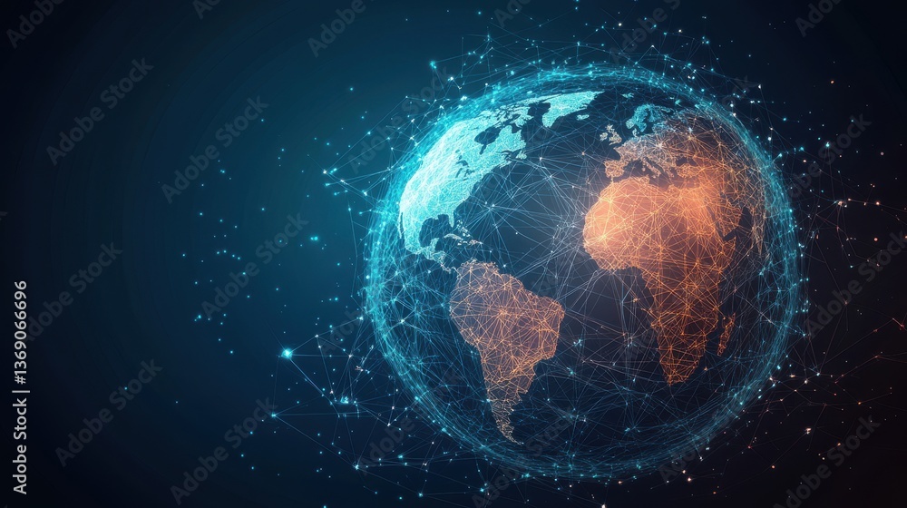 Poster abstract holographic world globe with many connection points symbolizing social media and life for b