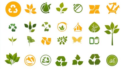Collection of Eco-Friendly Symbols and Icons Representing Sustainability, Recycling, Nature, and Environmental Awareness in Vibrant Shades of Green and Yellow