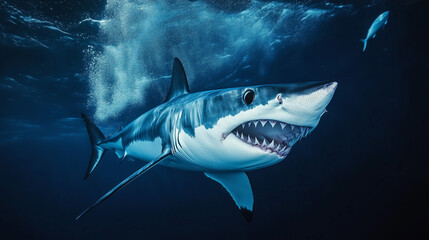 Fototapeta premium Close-up underwater shot of a great white shark. The image is dominated by cool, dark blue tones, with a hazy, lighter blue area in the upper portion, suggesting movement in the water. The shark is