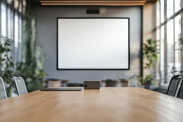Modern conference room featuring wooden table, projector, and clean professional aesthetic