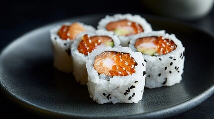 Delicious Salmon Sushi Rolls on a Dark Plate Close up  of Fresh Japanese Cuisine Food  for Restaurant Menus and Websites