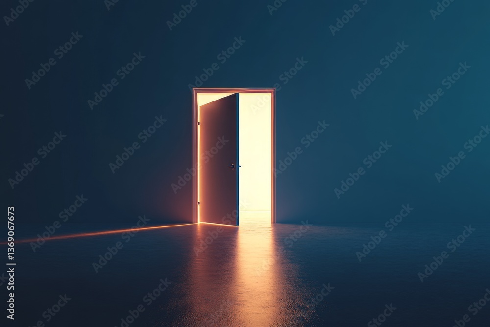 Aufkleber minimalist 3d rendering of an open door illuminated by soft sunset light in a dark blue background