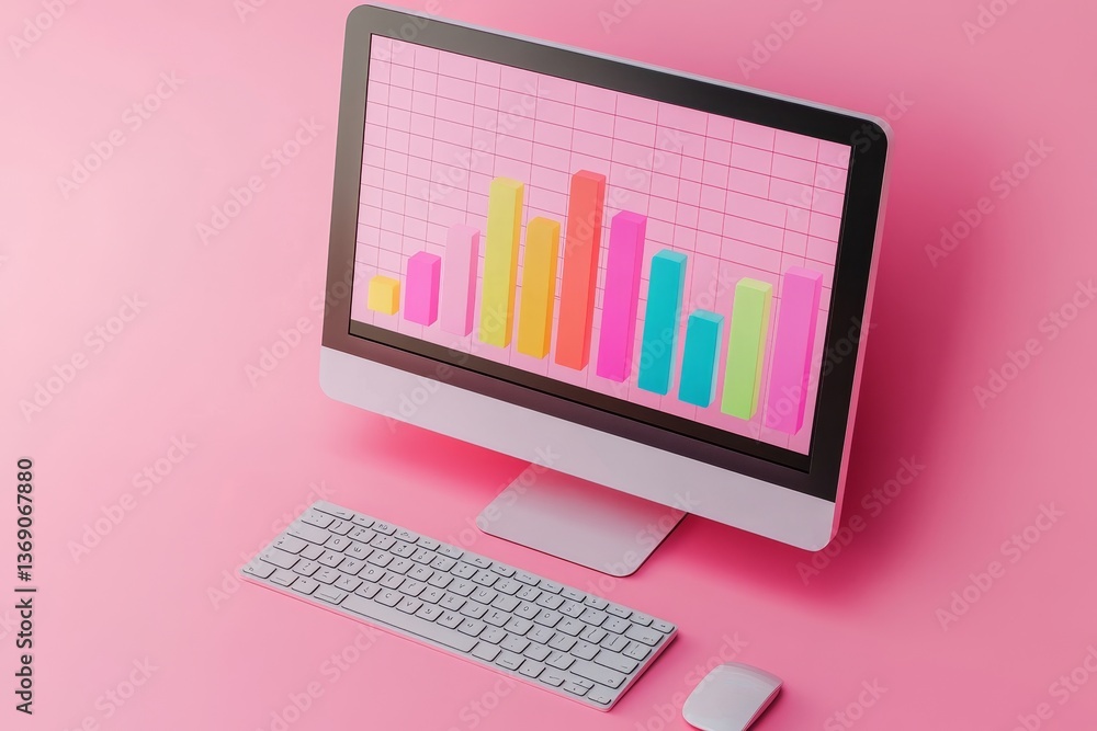 Aufkleber colorful 3d bar graph on computer screen with keyboard on pink background for business growth