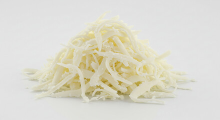 A delicate mound of shredded mozzarella cheese, ready for culinary creations, gleaming softly against a bright white background.