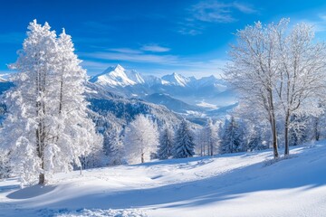 Obraz premium Enchanting winter landscape snowy hills, white rime trees, and majestic alpine peaks under blue sky