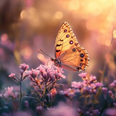 Obraz premium A stunning butterfly with vibrant wings perched on delicate flowers against a bokeh background during golden hour. Monarch butterfly feeding during migration. The enchanting atmosphere of nature's bea