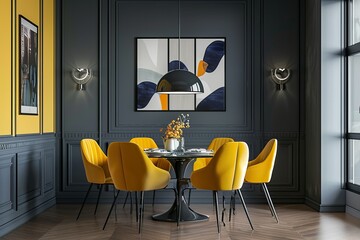 High Definition Picture of Gray and Yellow Dining Room with Poster