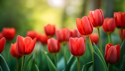 Fototapeta premium Close up, Red Tulips, Green Blurry Background, Bokeh Effect, Natural Scene, Outdoors, Breezy Feel, Cool Colors, Spring, Fully Bloom