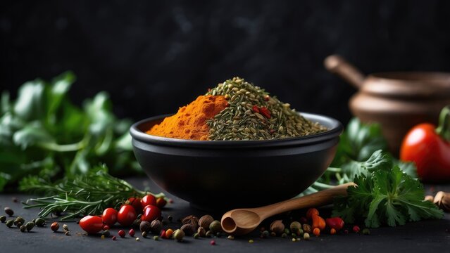 A dark, textured surface features a variety of fresh ingredients arranged artfully.