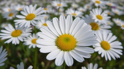 Obraz premium Spring field filled with blooming white flowers and lush green grass, natural floral landscape in soft light