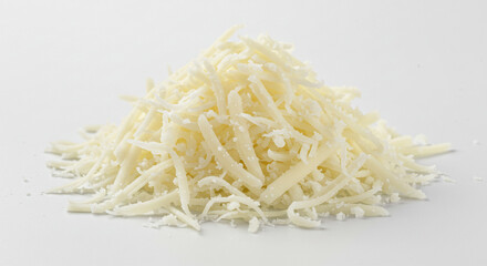 A generous mound of freshly grated parmesan cheese, ready to melt and enhance any culinary creation, with a bright white background.