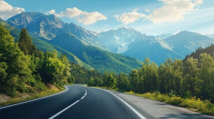 Fototapeta premium Asphalt highway road and green forest with mountain natural landscape under blue sky : Generative AI.