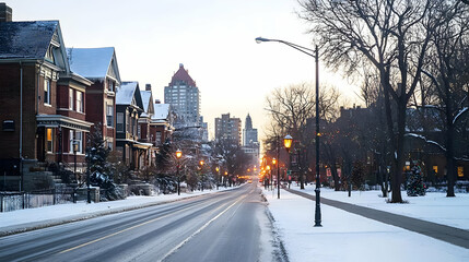 Snowy City Street At Dawn