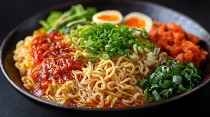 Delicious Spicy Ramen Noodles Bowl with Soft Boiled Eggs and Chopped Scallions A savory and flavorful Asian cuisine dish Perfect for lunch or dinner