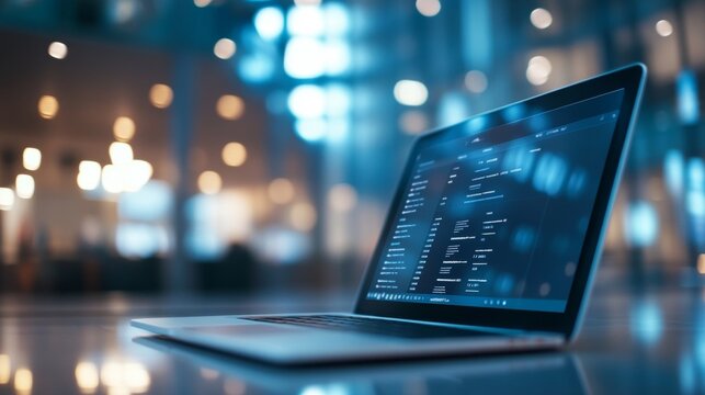 Laptop showcasing warehouse management software amidst a modern e commerce warehouse environment