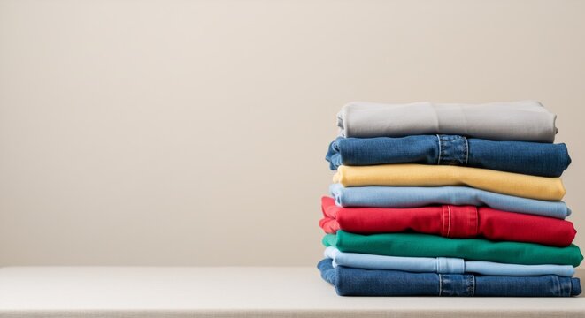 Stack of folded colorful clothes on shelf against beige wall. Spring cleaning, wardrobe organization concept. Minimalist home storage solution with copy space