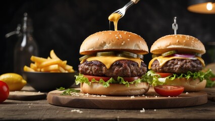 A wooden serving board displays two stacked beef burgers,