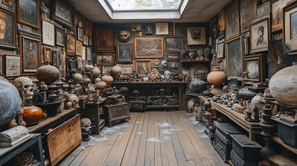 Cluttered Artist's Studio with Sculptures and Paintings