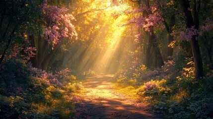Sunlit Path Through Blooming Forest