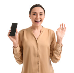 Happy young woman with smartphone on white background