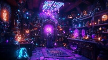 Mystical Room with Glowing Crystals and a Wizard