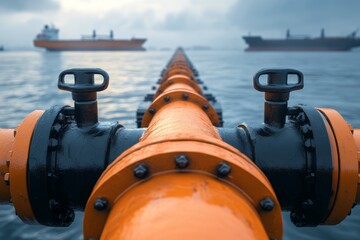 Close up of an orange oil pipeline with black hardware and cargo ships blurred in the background