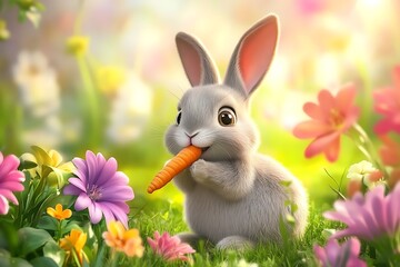 Adorable animated rabbit munching carrot among vivid flowers in bright joyful garden scene  

