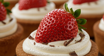 A luscious strawberry crowning a delicate cupcake, a delightful treat perfect for a sweet celebration, showcasing rich creamy frosting and chocolate shavings.
