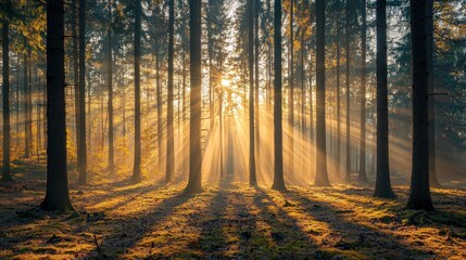Fototapeta premium Golden Sunlight Beams Through Misty Forest at Sunrise