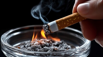 Close up of a hand holding a lit cigarette over an ashtray with smoke on a dark backdrop