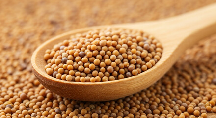 Obraz premium Golden mustard seeds, a spoonful of flavor and warmth, nestled amongst a field of their earthy brethren in a rustic wooden spoon.