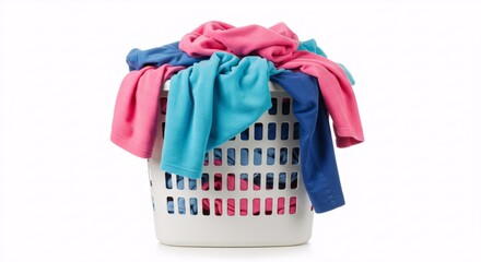 Colorful laundry in white plastic basket for spring cleaning. Freshly washed clothes. Household chores and housekeeping concept. Domestic lifestyle image with copy space.
