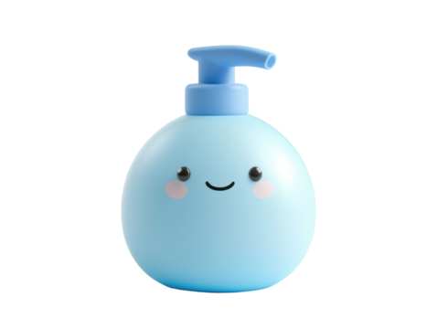 Cute blue soap dispenser with smiling face for bathroom decor, cut out
