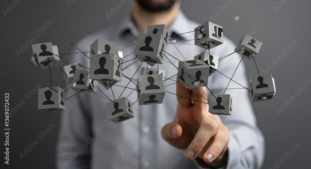 Poster connecting people through a digital network represented by glowing cubes and hand gesturing towards 