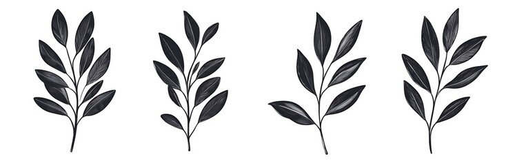 Fototapeta premium Black brush strokes of hand-drawn olive leaves on a white background. Ideal for scrapbooking and 2D illustrations, featuring simple line art and long shadows.