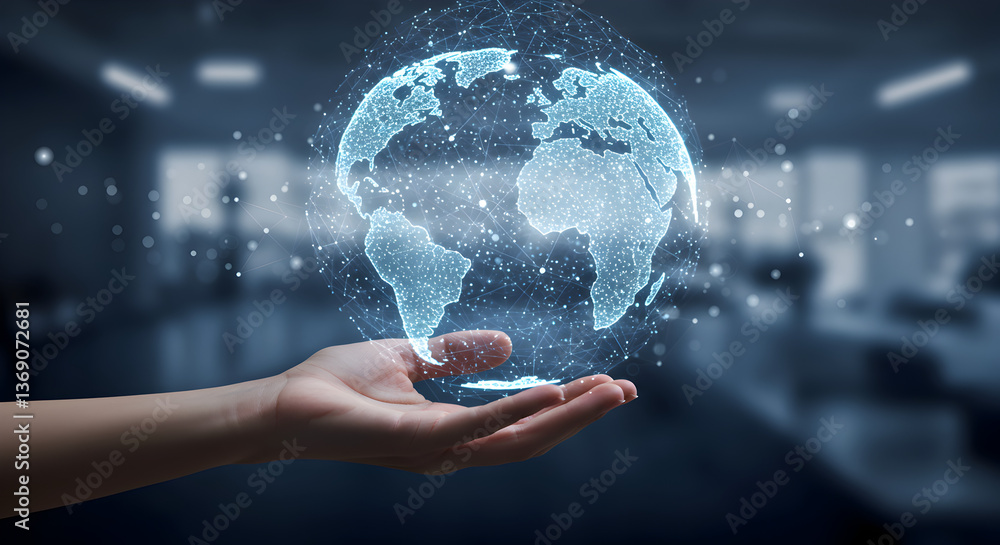 Poster digital earth floating above hand with glowing network connection in modern office