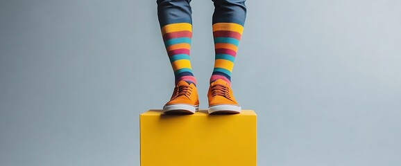 A man stands on a yellow pedestal, showcasing colorful striped socks against a light gray background, embodying fashion, lifestyle, and minimalism in a mockup design.