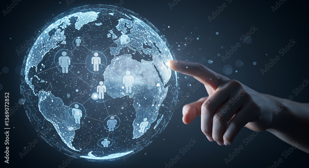 Poster global network connecting people and technology in a digital world with a person touching a glowing 