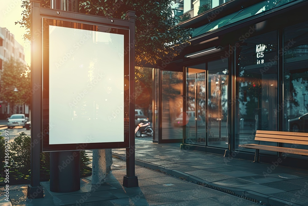 Poster clear pixel visual of blank advertisement billboard at bus stop with blurred traffic lights
