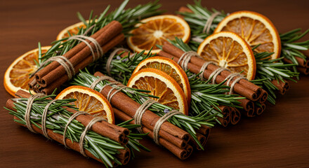 Fragrant Cinnamon Sticks with Dried Orange Slices and Rosemary Sprigs on a Dark Wood Background