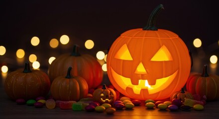 A glowing jack o lantern surrounded by smaller pumpkins and bokeh lights creating a spooky atmosphere
