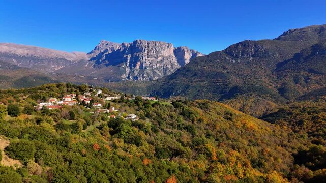 Drone shot of Agios Minas village in Vikos-Ao&ouml;s National Park in Autumn