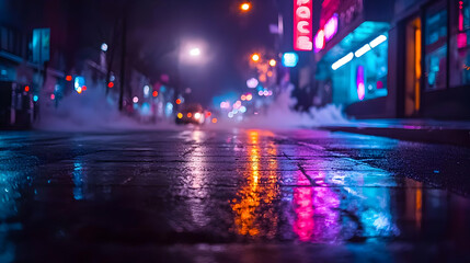 Night City Street With Colorful Neon Lights And Reflections