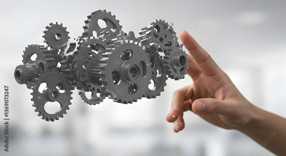 Poster hand interacting with silver gear mechanism floating in the air with shallow depth of field and blur