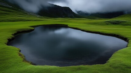 Fototapeta premium Serene mountain pond nestled in grassy valley. Misty mountains in the background
